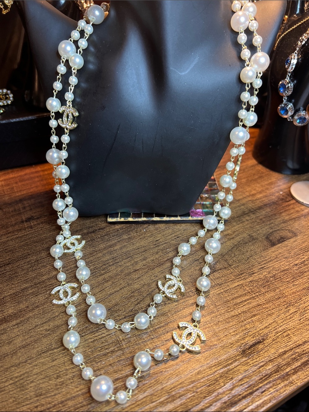 Gold-Tone Faux Pearl Station Necklace with Interlocking Logo Accents - White
